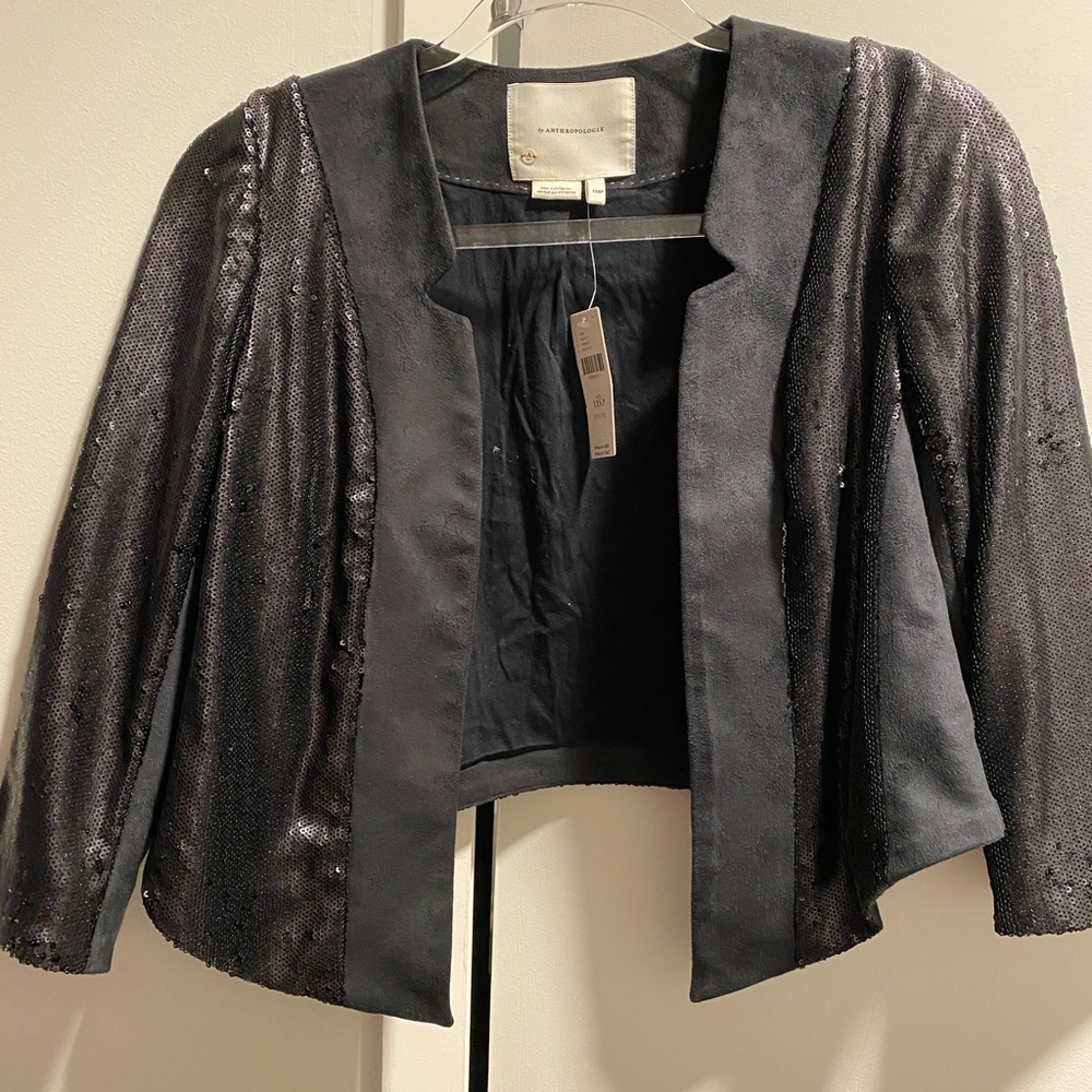 Anthropologie Sequin & Suede Petite Jacket